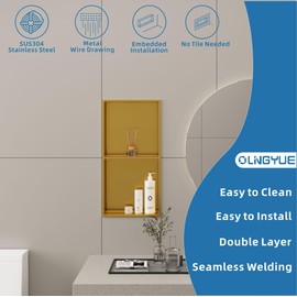 OLNGYUE Shower Niche No Tile Needed: Stainless Steel Double Layer - 12"x24" Recessed Wall Niches shelves for Bathroom kitchen Toilet Storage - Brushed Gold