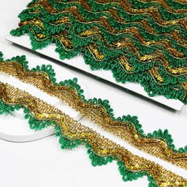 Length15 Yards，Width4cm/1.97Inch, Gold Green Sequin lace Trim Trim Craft Ribbon Decorated Gimp Trim for Wedding Bridal, Performance Costumes or Jewelry, Crafts and Sewing （Gold & Green）