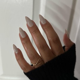 Khaki Grey Press on Nails Medium Stiletto Almond, Pure Nude False Nails Set Reusable Fake Nails with Feature Protective UV Coating for Women Nail Art Manicure in 24PCS