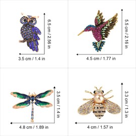 4 Pieces Dragonfly Hummingbird Owl Bee Brooches Animal Shaped Brooch Party Animal Badge Brooch for Clothing Decoration Party Meeting with Friends, Aluminium and inlaid rhinestones