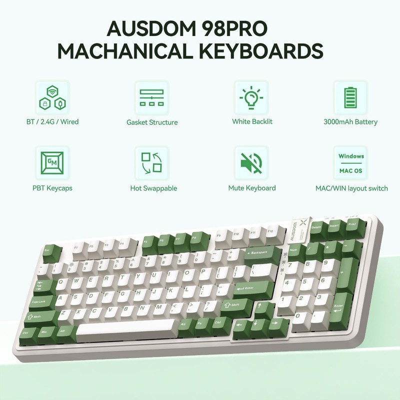 AUSDOM 98Pro Silent Mechanical Keyboard, Wireless Hot Swappable Gaming Keyboard