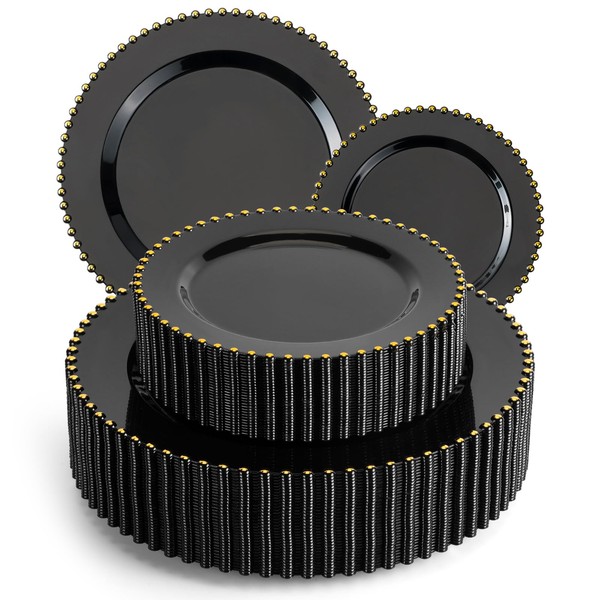 EI 60pcs Black Plastic Plates,Black and Gold Plastic Plates Disposable,Fancy