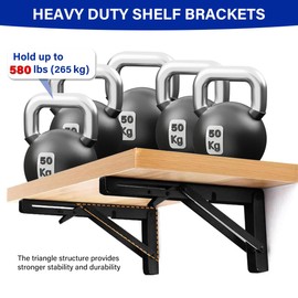 Folding Shelf Brackets Max. Load 580 lb, 10 Inch Black Collapsible Heavy Duty Brackets for Table Bench - Space Saving, 2 Pack