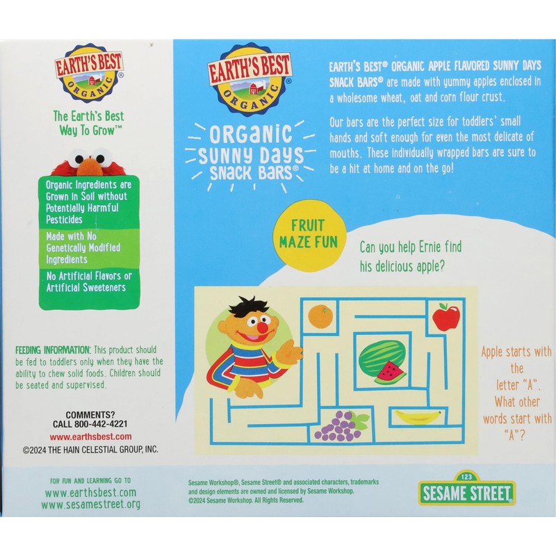 Earth's Best Sesame Street Organic Sunny Days Snack Bars, Apple,