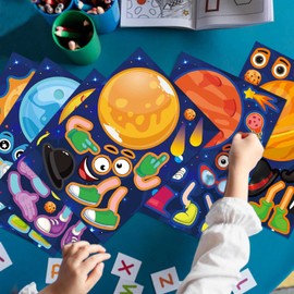 36 Sheets Reusable Space Stickers Make Your Own Planet Stickers Games,Easy to Peel and Stick,Make a face Outer Space Stickers for Kids,9 Planets Solar System Birthday Party Favor Stickers for Kids