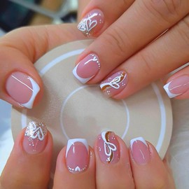 RUOKEXIN Medium Square Press on Nails White French Tip Fake Nails Gold Sparkly False Nails with Heart Designs Valentine Day Glue on Nails Glossy Artificial Nails Cute Stick on Nails for Women 24Pcs