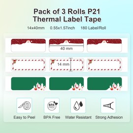 NELKO Genuine P21 Label Maker Tape, Adapted Label Print Paper, 14x40mm (0.55inx1.57in), Standard Laminated Labeling Replacement, Multipurpose of P21, 180 Tapes/Roll, 3-Roll, Christmas Theme