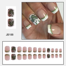 24 Pcs French Tip Press on Nails Short, CEWEWP St Patricks Day Green Shamrock Square Fake Nails Full Cover Glossy Glue on Nails with Designs Pink Nail Tips Irish Acrylic Nails for Women & Girls