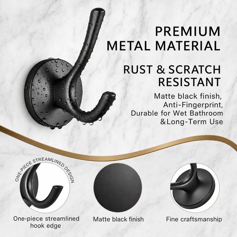 Ruiziiz Towel Hooks-Coat Robe Hooks-Heavy Duty Metal Double Bathrobe Hook-Black