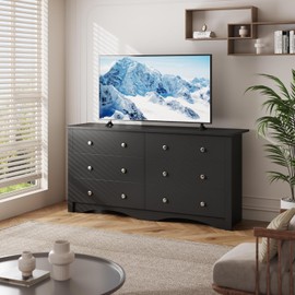Furmax 6 Wood Drawers Dresser for Bedroom, Double Dresser for TV up to 65 inch, TV Stand Storage Chest of Drawers for Living Room Hallway Entryway (Black)