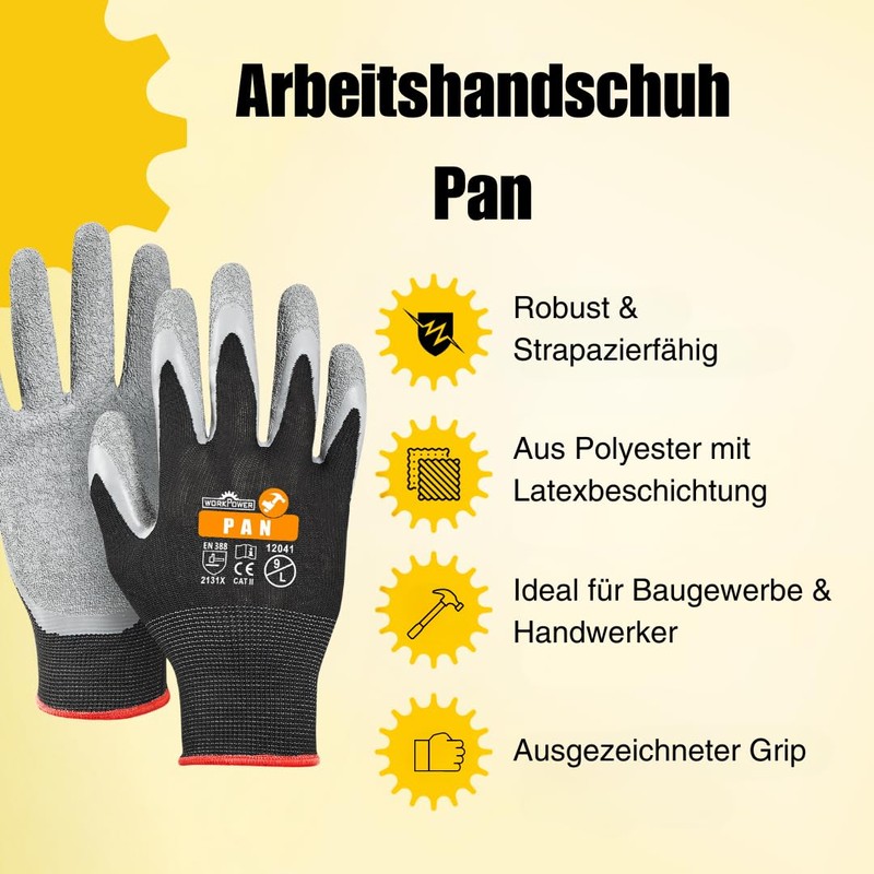 WORKPOWER Pan Work Gloves for Men - Non Slip Latex