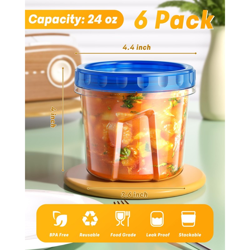 BiuLeon 6 Pack-24 oz Freezer Storage Containers, Plastic Food Storage