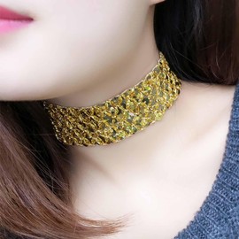 Atentuyi Punk Sequin Necklace Gold Chunky Wide Gothic Black Lace Velvet Choker Sparkling Nightclub Necklace Thick Short Collar Necklace Prom Costume Accessory