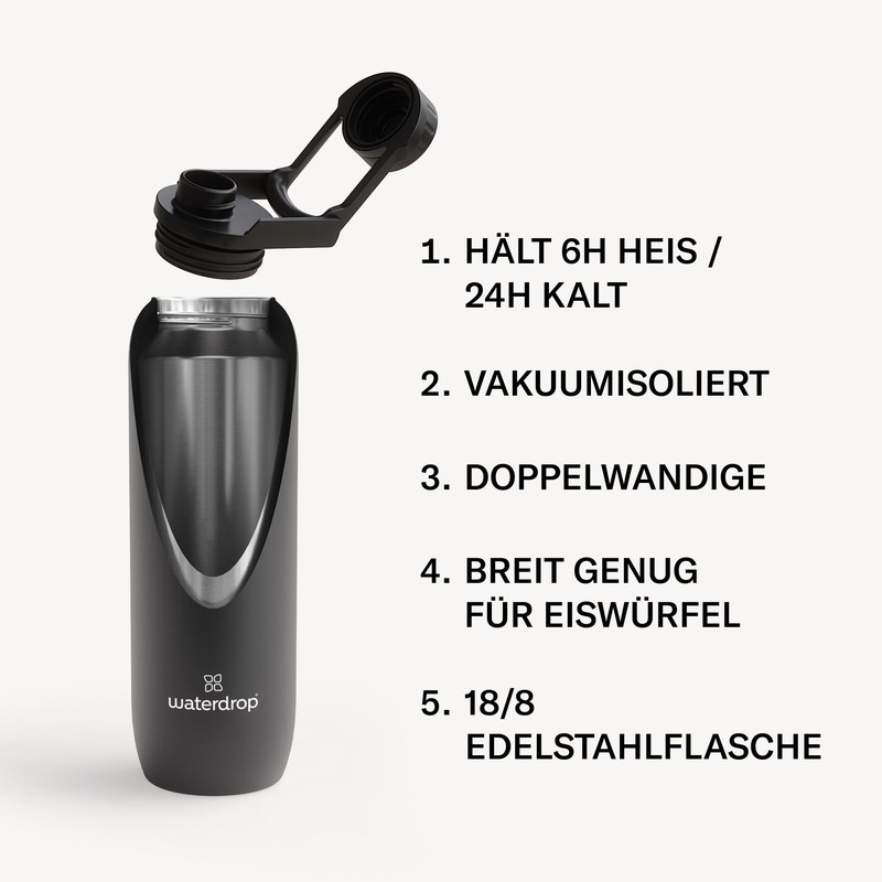 waterdrop® All-Purpose Thermos Flask, 1 Litre, Insulated Stainless Steel Drinking