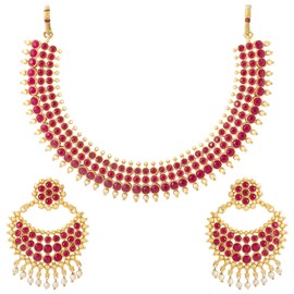 Aheli Traditional Faux Stone Studded Nekclace Earrings Set Bollywood Wedding Ethinc Party Fashion Jewelry Gift for Women Red