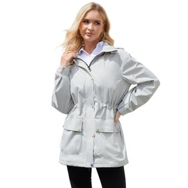 Hibijou Women's Waterproof Rain Jacket - Lightweight Hooded Windbreaker with Mesh Ventilation Adjustable Waist for Outdoor (US, Alpha, Medium, Regular, Regular, Grey)