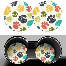 Paw Pattern Car Cup Holder Coaster 2 Pack Absorbent Ceramic Car Coasters for Cup Holders Car Accessories Interior for Women Men Universal Anti Slip Cork Base Cup Coasters with Finger Notch