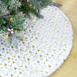 MEIVINES Christmas Tree Skirt 36 Inch Xmas Tree Skirt White Plush Tree Skirt Gold Snowflake Christmas Tree Base Cover Tree Mat for Christmas Holiday Home Decorations