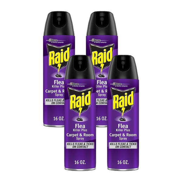 Raid Flea Carpet & Room Spray, Defense System for Fleas & Ticks, 16-Ounce Spray (Pack of 4)
