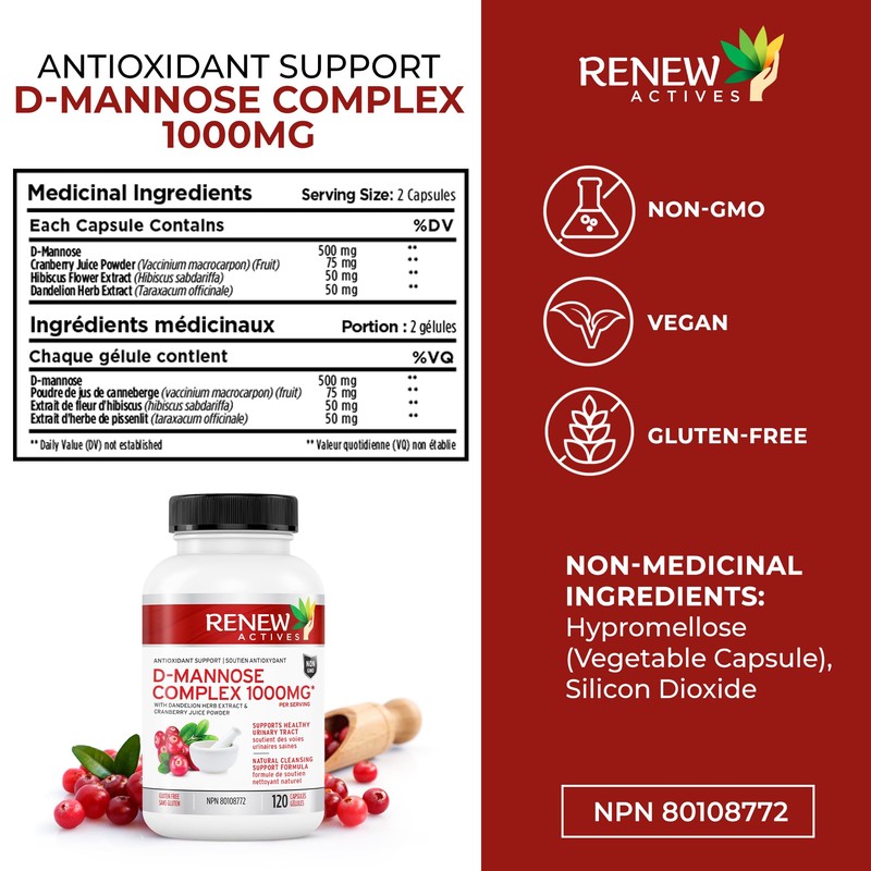 HIGH POTENCY Renew Actives D-Mannose & Cranberry Complex 1000MG –