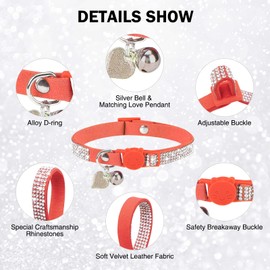 DILLYBUD Rhinestone Cat Collar Breakaway with Bell, Diamond Cat Collar with Safety Buckle Quick Release for Girl Boy Small Kitten Pets Puppy,Cute Soft Female Male Cat Collars, Color Orange 8-12"