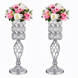 20in Metal Crystal Wedding Centerpiece Vases for Tables Set of 2, Silver Trumpet Flower Vase Stands for Wedding Party Reception Dining Room Living Room Décor