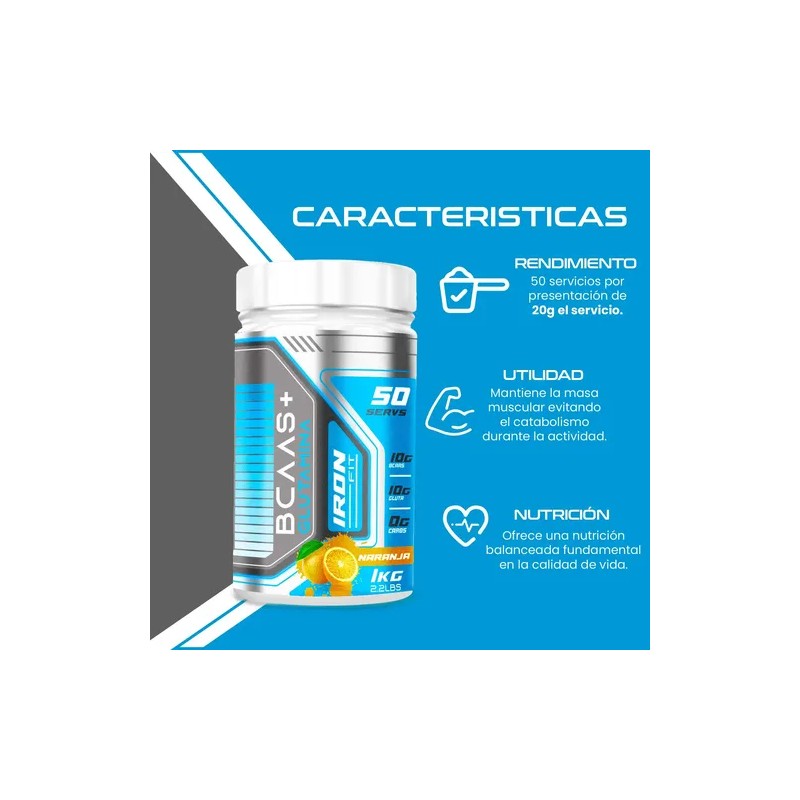 Aminoácidos Bcaas + Glutamina Iron Fit 1kg 100 Servicios