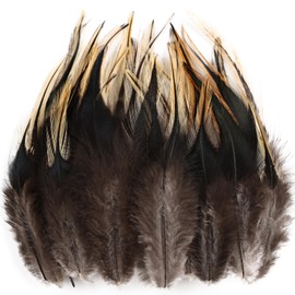 iHUFeather 120pcs 5-7" Feathers for Crafts，Saddle Hackle Feather，Rooster Feathers Bulk for Wedding Home Party, Dream Catcher Supplies and DIY Crafts(Yellow-Badger Saddle)