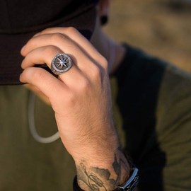 Materia Men's Ring Compass Silver 925 Wide - Signet Ring Men's Rings Wind Rose Nautical Star Antique Black 18-23 mm, Sterling Silver