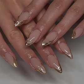 24PCS Almond False Nails Short - French Gold Edge False Nails - Elegant Press on Nails - Fake Nails with Glue - Full Cover Acrylic Almond False Nail Tips for Women Girls Nail Art