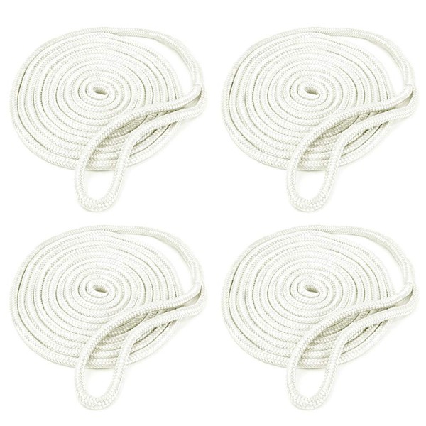Amarine Made Double Braided Nylon Dock Lines 4840 lbs Breaking Strength (L:25 ft. D:1/2 inch Eyelet: 15 inch) 4 Pack of Marine Mooring Rope Boat Dock Lines Working Load Limit:968 lbs