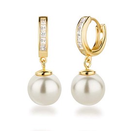 Schöner-SD 925 Silver Gold-Plated Hoop Earrings with 10 mm Pearl Ball, Sterling Silver