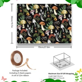 Vintage Mushrooms Animals Forest Giraffe Squirrel Wrapping paper, 4 Sheets in 4 Woodland Designs with 22m Khaki Ribbon Folded Flat 50x70cm per sheet, Gift Wrap Paper For Spring Holiday Easter Birthday