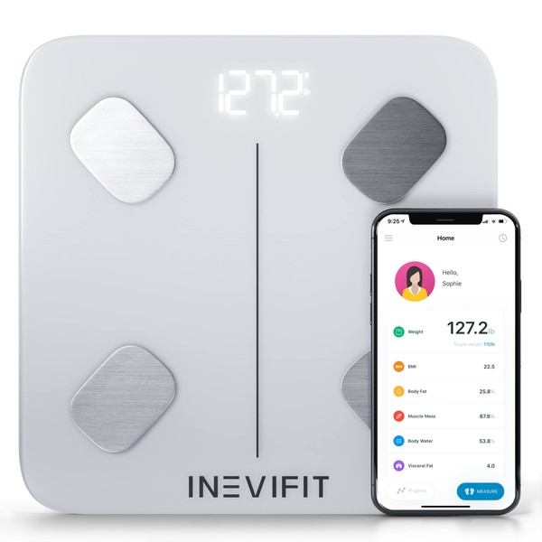 INEVIFIT Smart Body Fat Scale, Highly Accurate Bluetooth Digital Bathroom Body Composition Analyzer, Measures Weight, Body Fat, Water, Muscle, Visceral Fat & Bone Mass for Unlimited Users (Eco-Wht)
