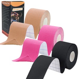 ANAMPION Kinesiology Tape (3 Rolls, 5 cm x 5 m) Kinesiology Tape Waterproof Kinesio Tape and Sports Tape for Sports for Muscles Shin Splints Ankle Knee Shoulder (Black + Pink + Skin Colour)