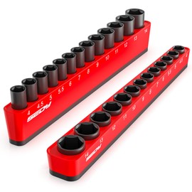 2-Piece 1/4"-Drive Metric Magnetic Socket Organizer Set (Holds 26 Sockets) - Detachable Tool Tray with 5mm Magnetic Base, Screw-Fixed Design & Heavy-Duty Modular Storage for Garage/Home Workshop