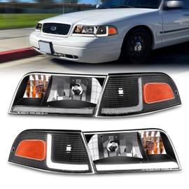 XGWZ Headlight Assembly LED DRL Compatible with 1998-2011 Ford Crown Victoria 98-11 Ford Crown Victoria w/Corner Headlamp (Black Housing Amber Reflector, A)