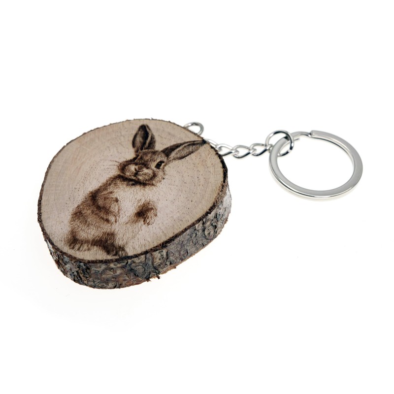 Generico Keyring Made of Natural Wood with Rabbit Farm Animal,