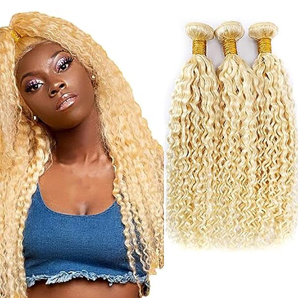 Curly Wave Bundles Blonde Curly Wave Hair Human Hair Bundles Real Hair Double Weft Bundles Real Hair Bundles for Sew No Smell 3 Bundles Blonde Bundles for Black Women 22 24 26 Inches