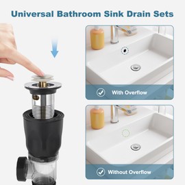 Bathroom Sink Drain Kit, Flexible Sink Drain Pipe with Pop Up Drain Stopper, Expandable P-Trap Sink Drain Pipe for 1-1/4'' & 1-1/2'' Drain Holes, 3-in-1 Sink Drain Strainer, Anti-Clogging, Chrome