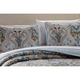 Kids Zone Home Linen Bedspread Set Damask Pattern Light Blue White Beige and Brown New (King/California King)