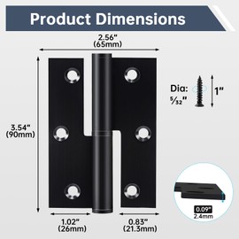 6 Pack Door Hinges Black Matte 3.5in x 2.5in Stainless Steel Door Hinge with Square Corner, Removable Lift Off Hinges for Indoor and Exterior Use, Left