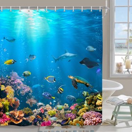 Emwnodti Ocean Underwater World Shower Curtain, Colorful Tropical Fish Sea Turle Coral Bath Curtain Decor, Polyester Fabric Waterproof Bathroom Accessory Set with 12 Hooks 72x72 inch