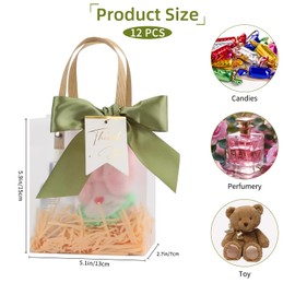 12 Pack Small Clear Plastic Gift Bags with Handles,5.12x2.76x5.91 Inch Party Favor Bags with Ribbons Raffia Paper Tags,Reusable Plastic Gift Wrap Bags for Wedding Birthday Baby Shower(Green)