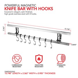 Modern Innovations 16 Inch Stainless Steel Magnetic Knife Bar with 8 Metal Hooks - Multipurpose Use as Wall Mount Knife Holder, Knife Magnetic Strip, Kitchen Utensil Holder, Magnetic Tool Holder