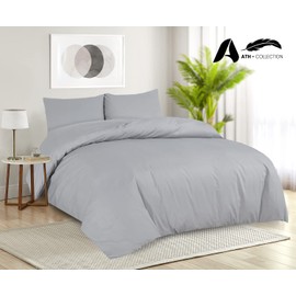 AATH COLLECTION Duvet Cover Bedding Set, Single, Double, King, Super King Size Egyptian Cotton Duvet Set with Pillow Cases. 100% Long Staple Soft Cotton Duvet Set with Easy Closure (Single, Silver)