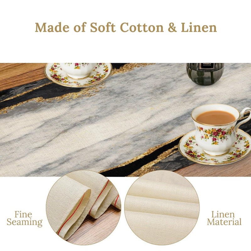 Marble Texture Table Runner Black Gold White Kitchen Dinner Runner