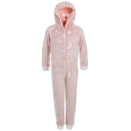 Camille Childrens Super Soft Fleece Onesie - Glow In The Dark Hooded All In One - Long Sleeved and Full Length with Elasticated Cuffs and Ankles Pink 12-14 Years