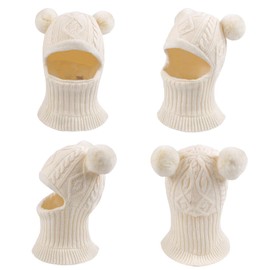 XIAOHAWANG Winter Warm Baby Hood Hats Kids Knit Earflap Caps Fleece Lining Hat Scarf for Toddler Boys Girls (White Pompom, M)
