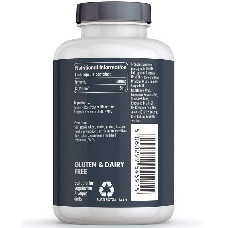 Transforme Turmeric Curcumin High Strength 500mg with BioPerine, 365 Capsules